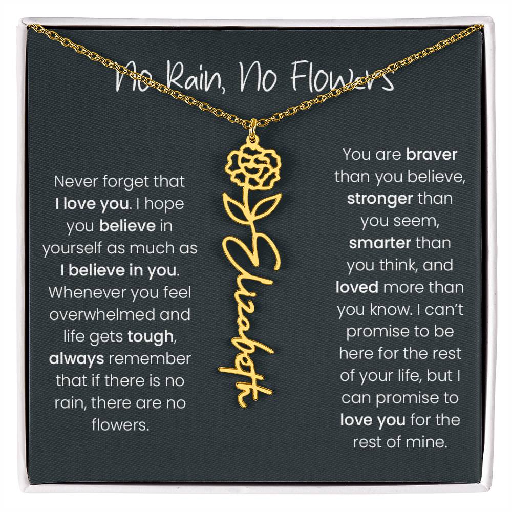 Birth Flower Name Necklace - No Rain, No Flowers