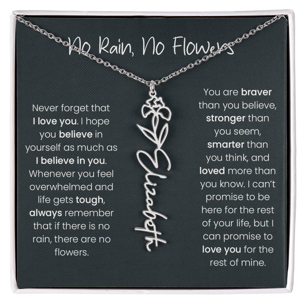 Birth Flower Name Necklace - No Rain, No Flowers