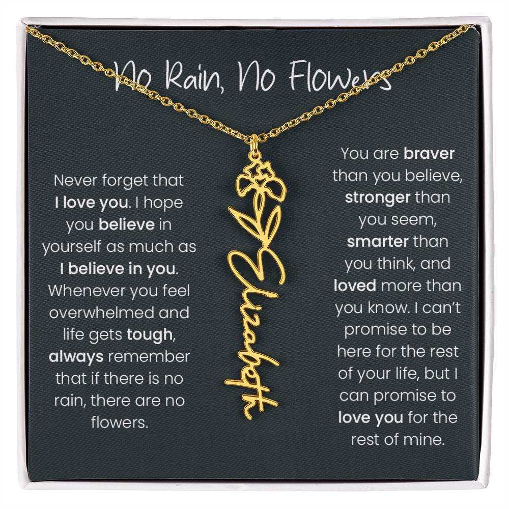 Birth Flower Name Necklace - No Rain, No Flowers