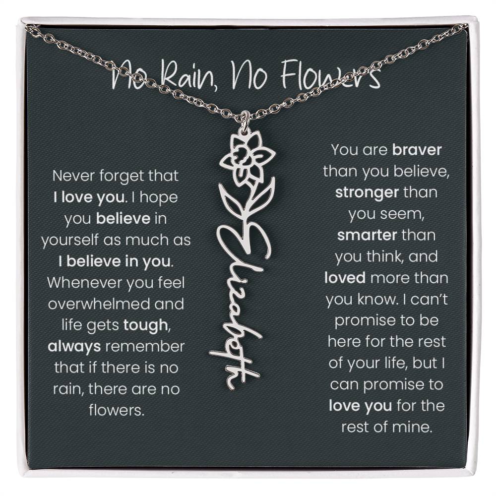 Birth Flower Name Necklace - No Rain, No Flowers