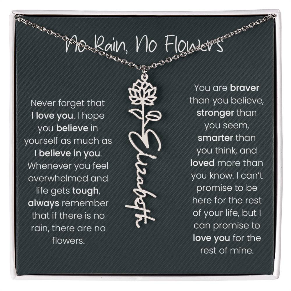 Birth Flower Name Necklace - No Rain, No Flowers