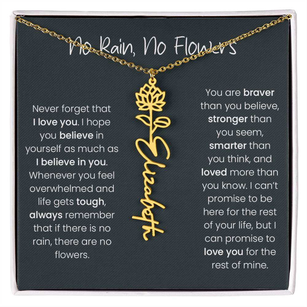 Birth Flower Name Necklace - No Rain, No Flowers