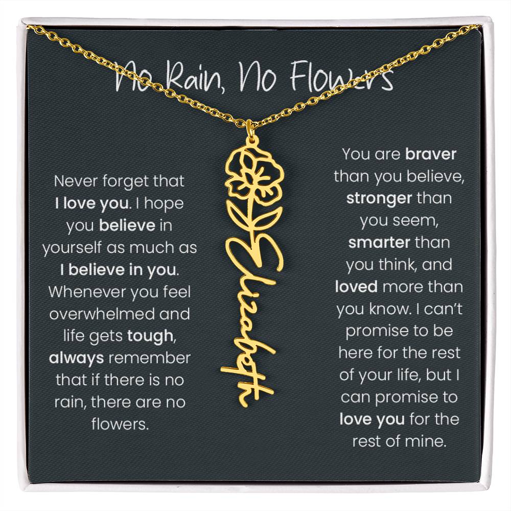 Birth Flower Name Necklace - No Rain, No Flowers