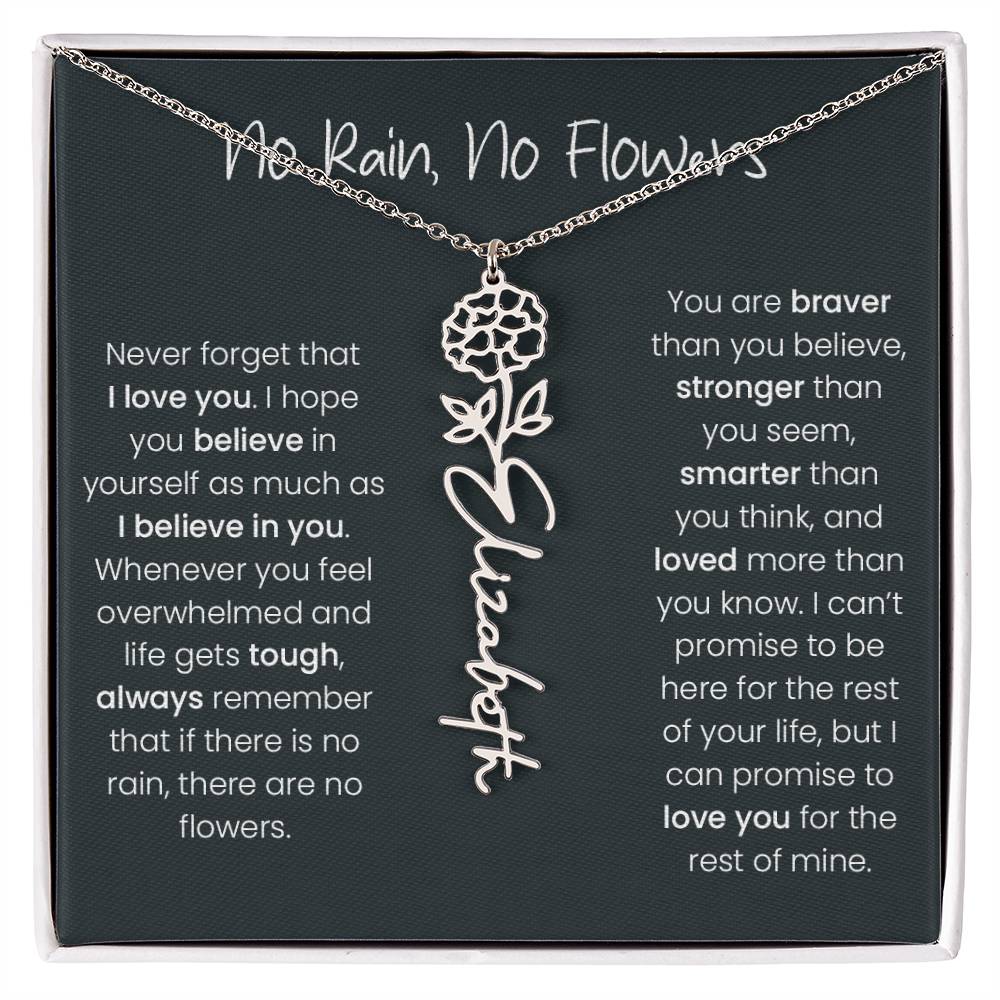 Birth Flower Name Necklace - No Rain, No Flowers