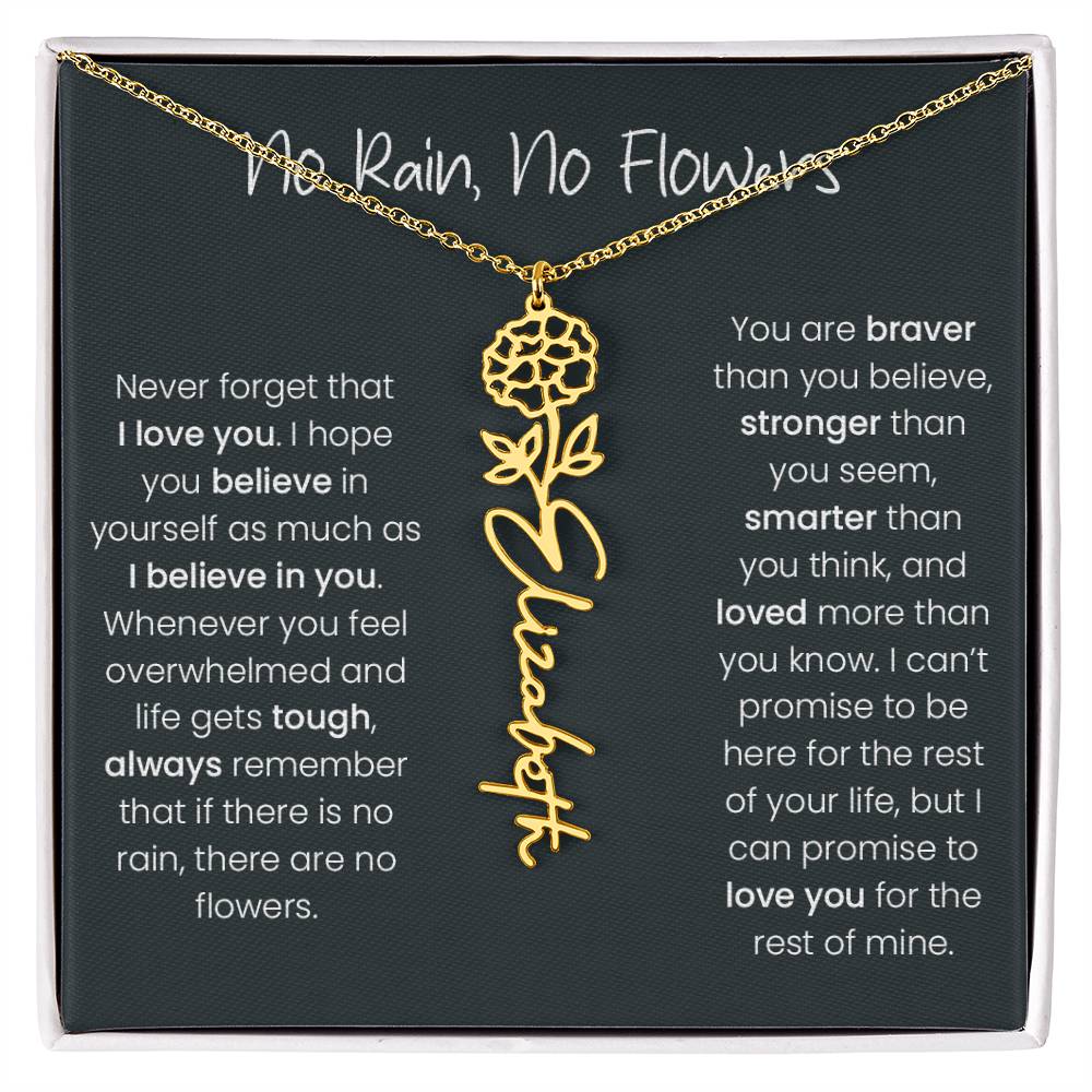 Birth Flower Name Necklace - No Rain, No Flowers