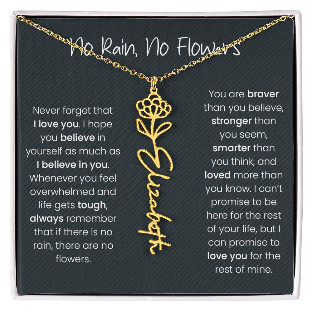 Birth Flower Name Necklace - No Rain, No Flowers