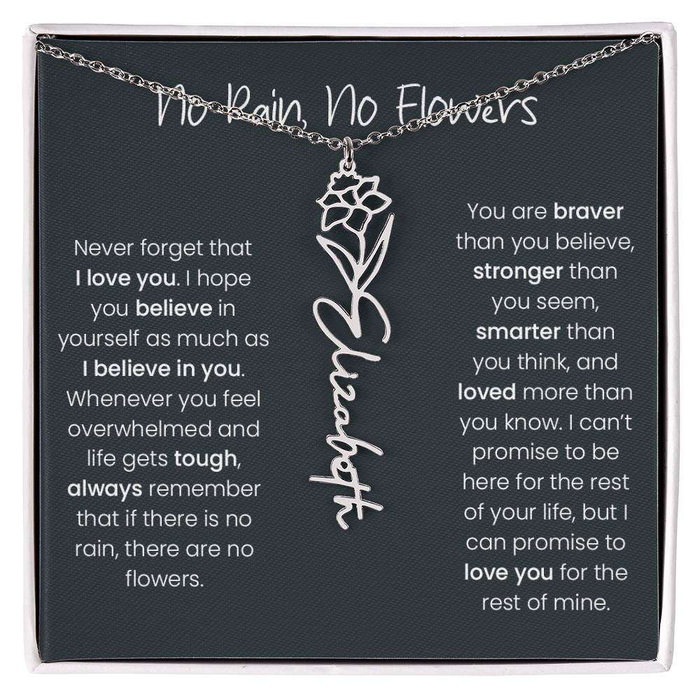 Birth Flower Name Necklace - No Rain, No Flowers